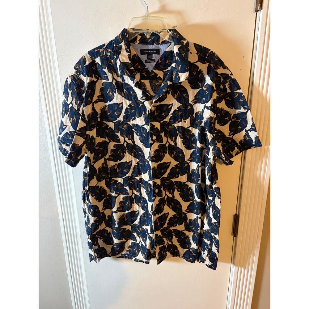Tommy Hilfiger Mens XXL Linen Cotton Tropical Leaf Print Short Sleeve Shirt Navy
